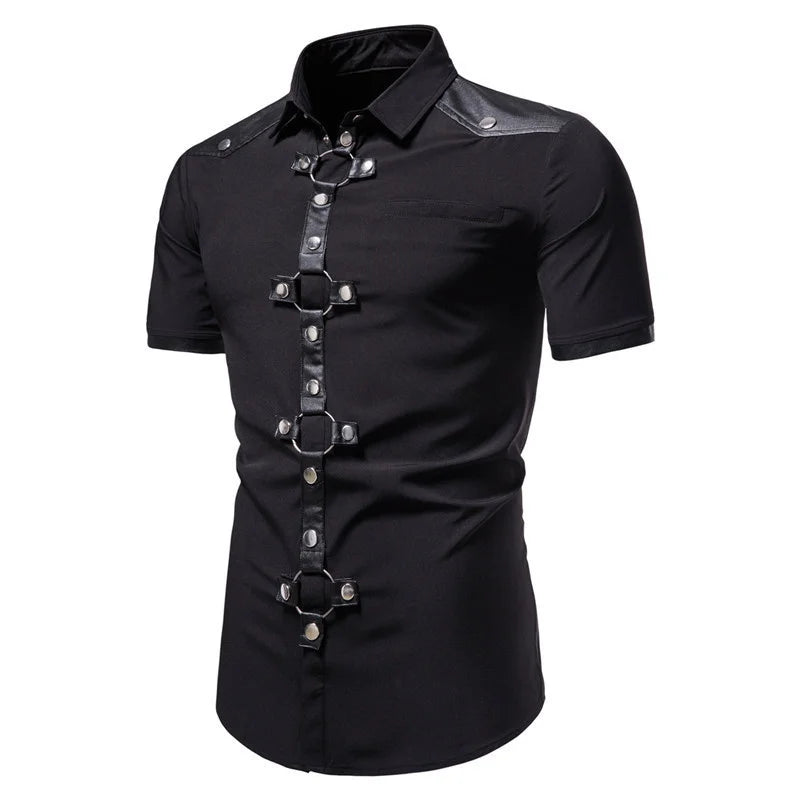 Chemise à Manches Courtes pour Homme, Streetwear, Style Gothique, Slim, Punk, Rivet, Haute Qualité, Printemps Été, Noir, Rouge, #4719