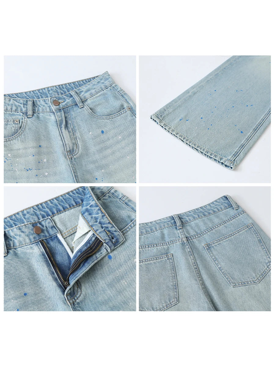 CHIC VEN femmes Denim pantalon décontracté nouveau taille haute Original éclaboussé encre point jambe droite jean jambe large pantalon été 2025