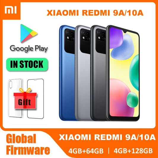 Original Xiaomi Redmi 9A/10A Global Firmware Smartphone 4GB+64GB/128GB Unlocked Xiaomi Smart Phone Free Case Cellphone Glass Film