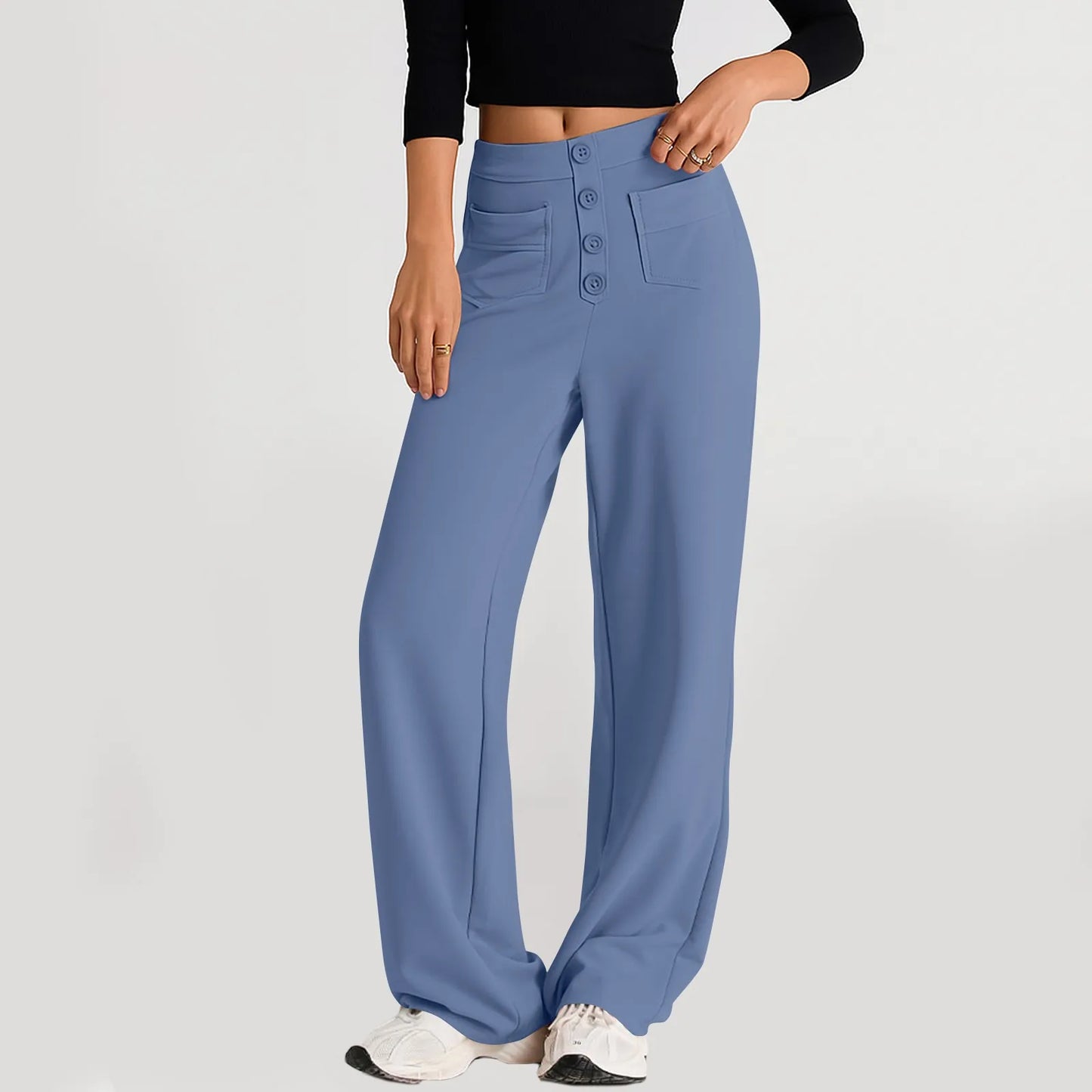 Pantalon à jambes droites pour femmes, classique, Simple, solide, taille haute, mode, poches à boutons, taille élastique, décontracté, nouvelle collection