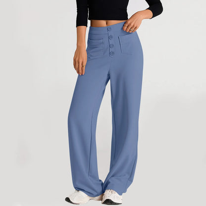 Pantalon à jambes droites pour femmes, classique, Simple, solide, taille haute, mode, poches à boutons, taille élastique, décontracté, nouvelle collection