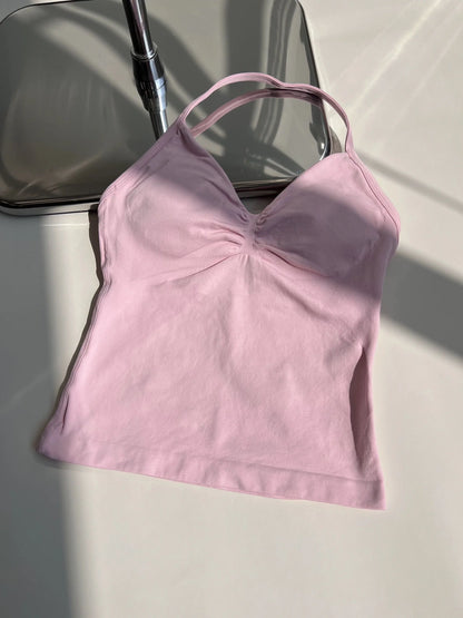 Haut de sport à bretelles palangre, dos nu, Logo personnalisé, vêtements de sport pour femmes, soutien-gorge intégré froissé avec bonnets amovibles, débardeurs de Yoga