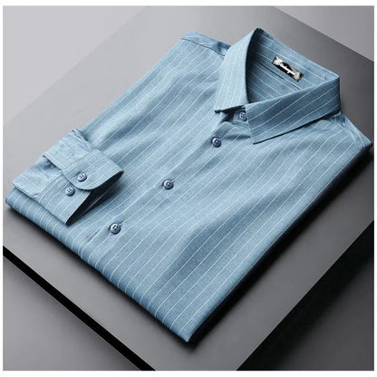 Chemise polyvalente à manches longues pour hommes, robe d'affaires décontractée, sans fer, col polo, rayure, mode coréenne, printemps et automne, nouveau, 2023