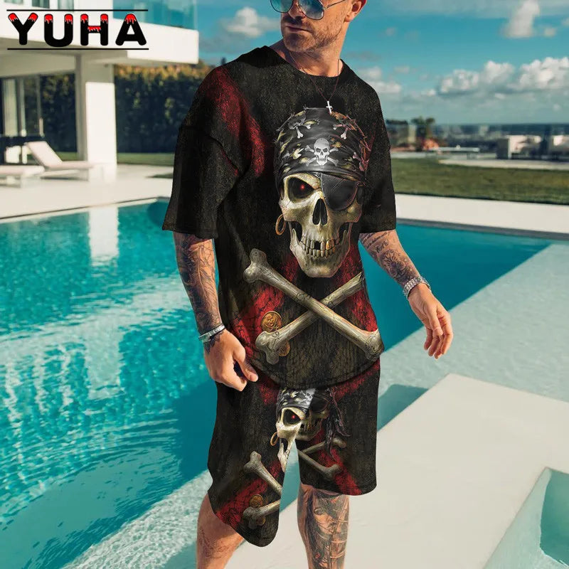 YUHA – ensemble t-shirt manches courtes pour hommes, vêtements d'été pour hommes, impression de squelette Terrible en 3D, Short décontracté, survêtement masculin 2 pièces, nouvelle collection