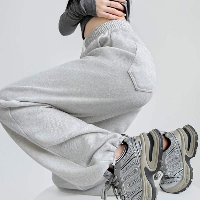 Pantalon de survêtement taille haute pour femme, noir et gris, taille élastique, jambes larges, confortable, droit, ample, Sport, printemps automne