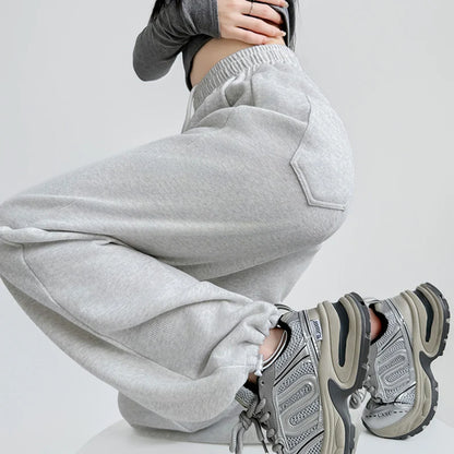 Pantalon de survêtement taille haute pour femme, noir et gris, taille élastique, jambes larges, confortable, droit, ample, Sport, printemps automne