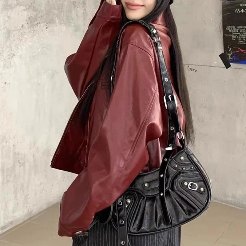 Veste en cuir à revers rouge rétro pour femme, manteau d'hiver ample pour fille, haut doux et cool, début d'automne, nouveau