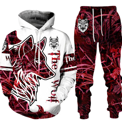 Ensemble de pantalons de survêtement et sweat à capuche College en 3D pour hommes, survêtement surdimensionné, streetwear imbibé, vêtements de sport, motif animal loup, hiver, automne