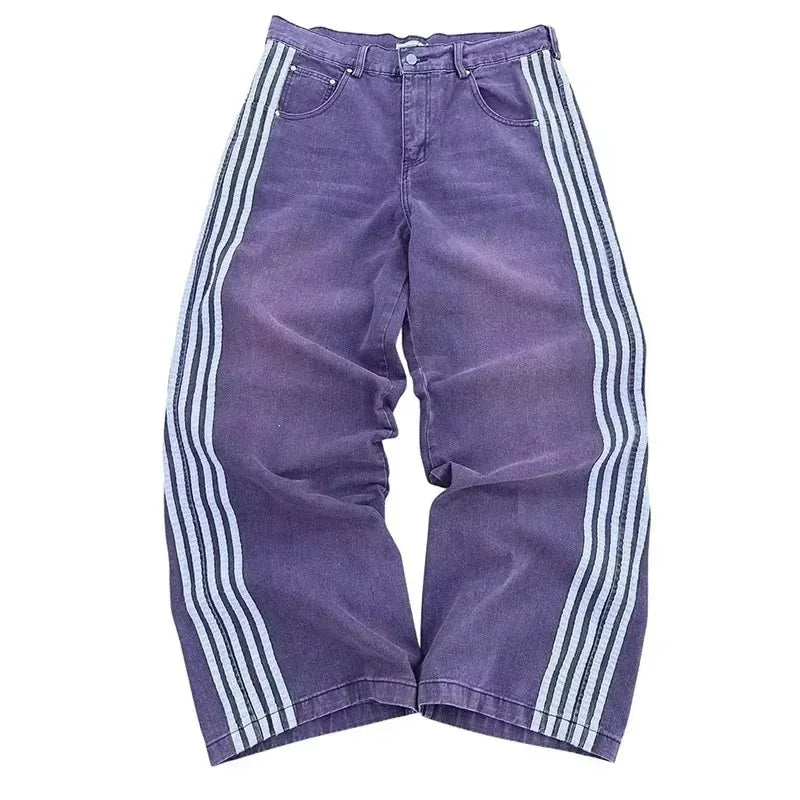 Hip Hop hommes jean Y2k noir rayé Baggy jean gothique brodé haute rue Harajuku rétro Streetwear jambe large Denim pantalon