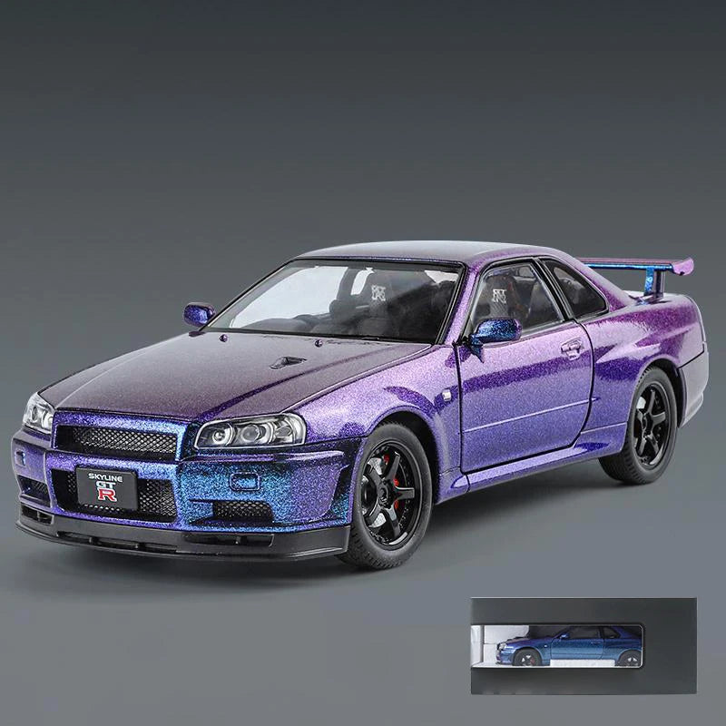 1:24 GTR R34 Skylin Diecast Modèle En Métal De Voiture Son Et Lumière Tirer Supercar Sport Racing Collection Loisirs Vacances Cadeau Garçon