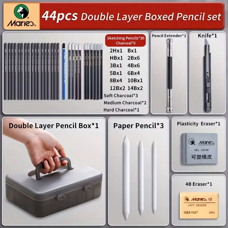 Marie's – ensemble de crayons de grande capacité, 31 pièces/44 pièces, boîte Double couche pour croquis et peinture pour adultes, étudiants et artistes