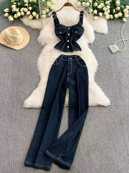 Rétro jarretelle Spice Girl hauts jean deux pièces Sexy coréen gilet costume été mode américaine haute rue pantalon à jambes larges