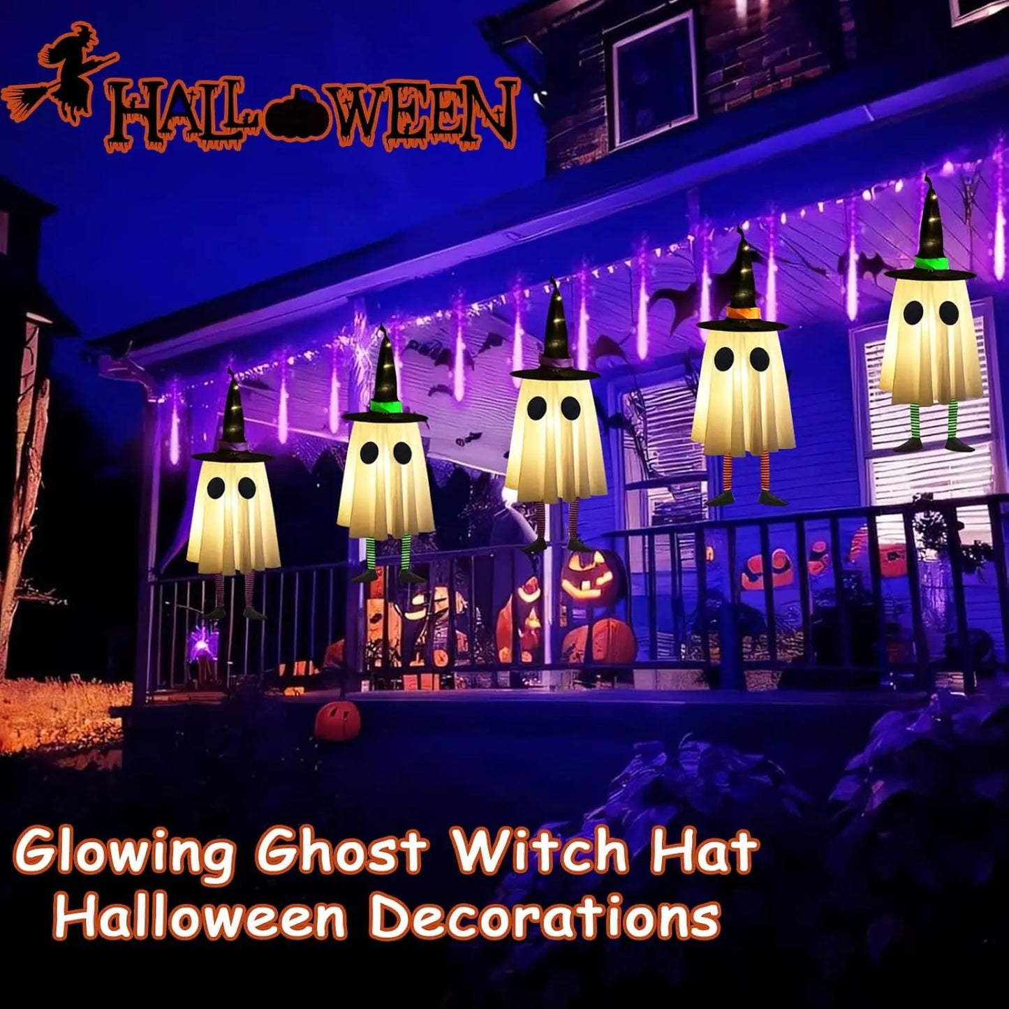 Fantômes suspendus d'Halloween, décorations d'Halloween Fantômes suspendus en plein air avec chapeau de sorcière pour cour, patio, jardin, arbre à l'extérieur