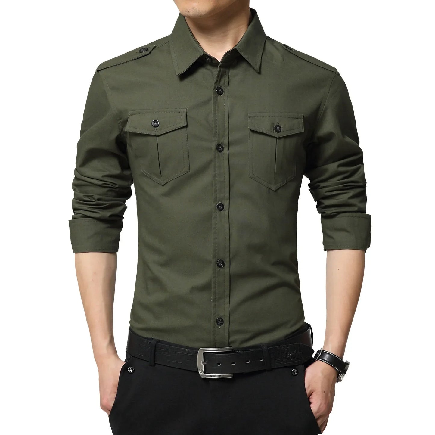 Chemise slim à manches longues de style militaire pour hommes, épaulette en coton, double poche, chemise décontractée, nouveau, 2025
