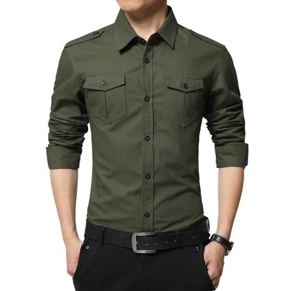 Chemise slim à manches longues de style militaire pour hommes, épaulette en coton, double poche, chemise décontractée, nouveau, 2025