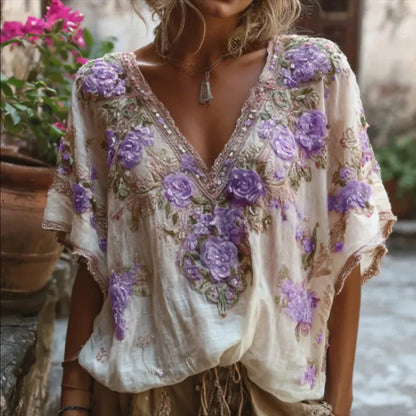 T-shirt à manches courtes pour les déplacements, ample, décontracté, col en v, Jacquard, chemisier à la mode, dentelle brodée, pulls floraux, été