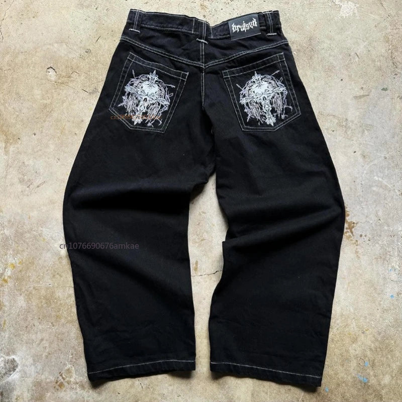 Ins-Pantalon droit en coton noir pour hommes et femmes, Jeans College de motifs de personnalité sombre, High Street Couple, Automne, Hiver, Nouveau