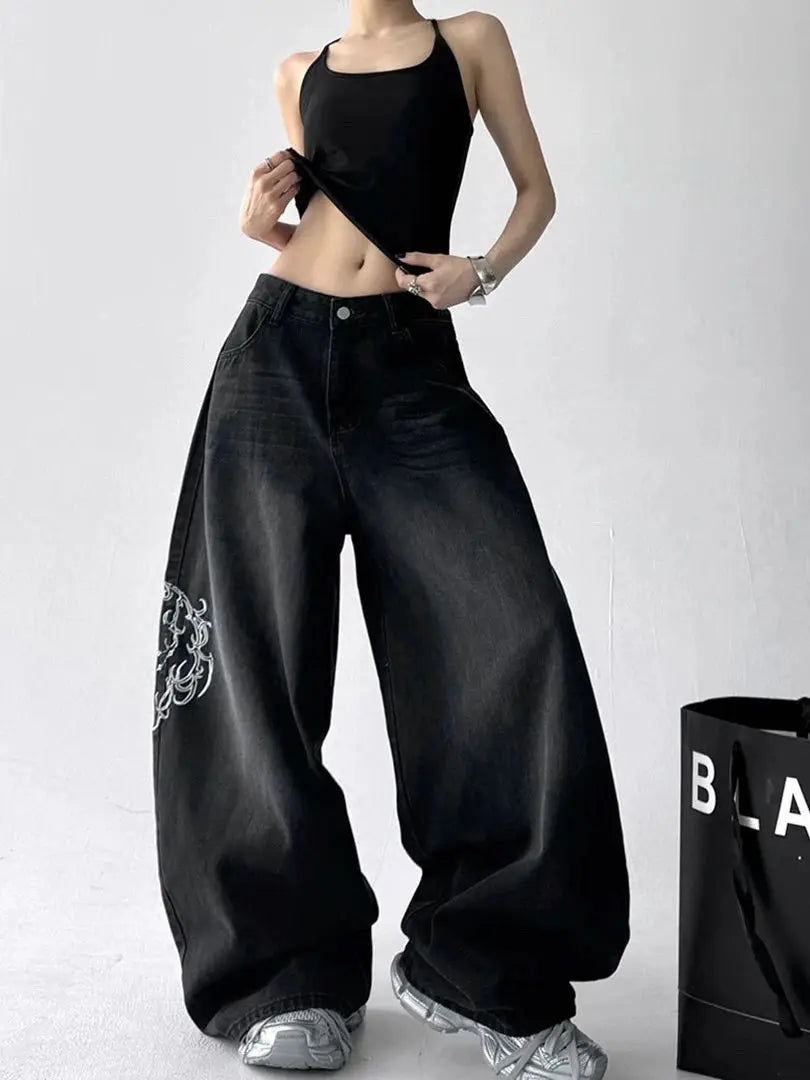 Rue rétro ligne américaine modèle jean décontracté femmes 2025 été nouvelle mode taille haute ample jambe large jean Biack Y2K jean