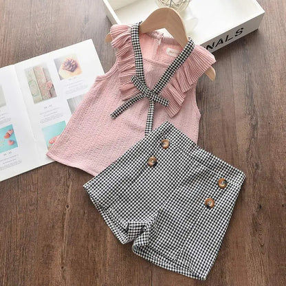 BEAR LEADER-Ensemble de vêtements pour filles, tenue d'été en mousseline de soie, motif floral, col licou + short brodé, en paille, pour enfants, 2023