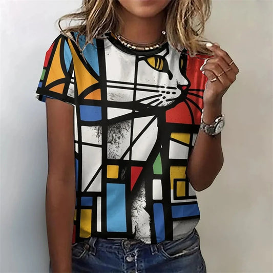 Dessin animé chat motif t-shirt pour femmes Vintage géométrique 3D imprimé manches courtes été loisirs t-shirt col rond hauts T-Shirts