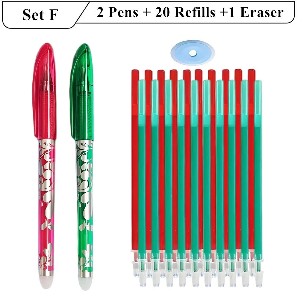 2 stylos Gel effaçables + 20 recharges + 1 gomme, encre magique de 0.5mm en noir bleu rouge vert,