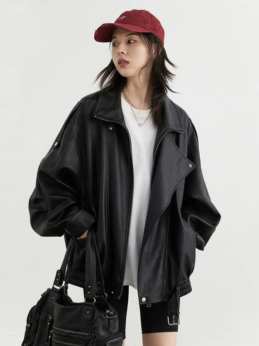 CHIC VEN-Veste en similicuir PU pour femme, col montant rétro, manteau de moto, haut femme, solide, adt, nouveau, printemps, automne, 2024