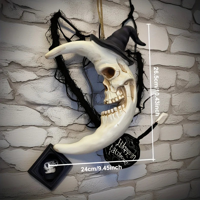 Crâne d'Halloween avec chapeau de sorcière et lune, figurines de collection suspendues en résine, art mural mignon et effrayant pour les fêtes d'horreur/maison hantée