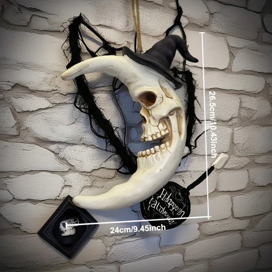 Crâne d'Halloween avec chapeau de sorcière et lune, figurines de collection suspendues en résine, art mural mignon et effrayant pour les fêtes d'horreur/maison hantée