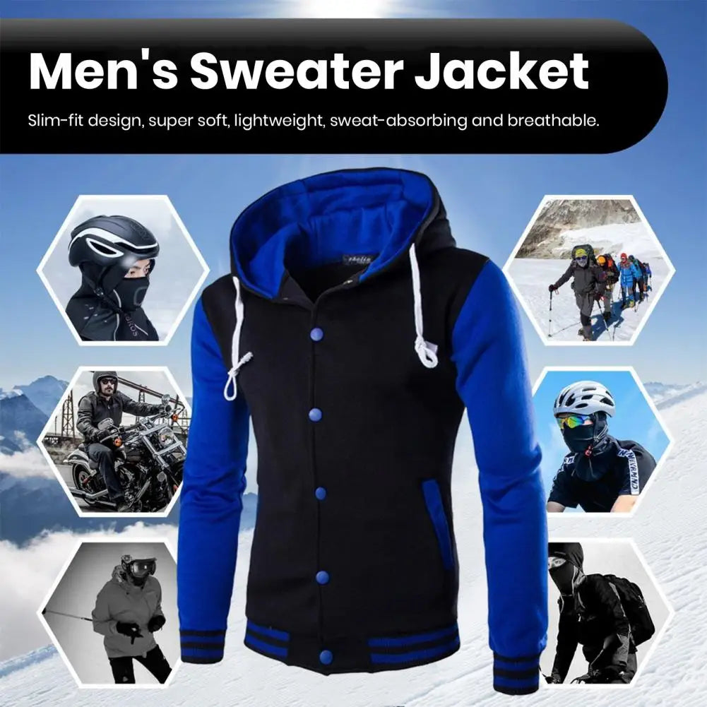 Veste à capuche pour hommes, printemps-automne, Patchwork de couleurs, manteau avec cordon de serrage, manches longues, simple boutonnage, manteau de Baseball, Streetwear
