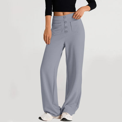 Pantalon à jambes droites pour femmes, classique, Simple, solide, taille haute, mode, poches à boutons, taille élastique, décontracté, nouvelle collection