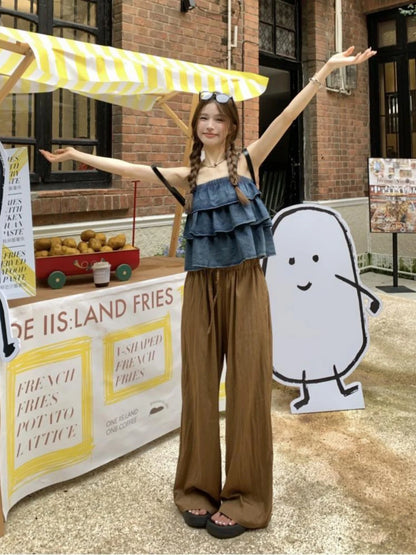 Camisole en Denim à Volants Superposés pour Femme, Streetwear, Couleur Unie, Vacances, Été