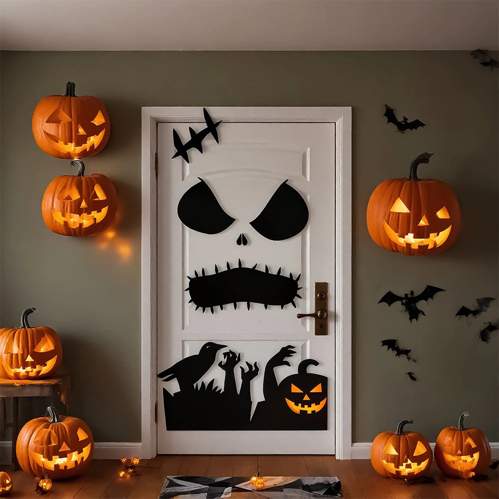 Décorations d'Halloween autocollants de porte de chambre décor de fenêtre squelette main citrouille bricolage autocollants de fenêtre fantôme diable sorcière chapeau décor