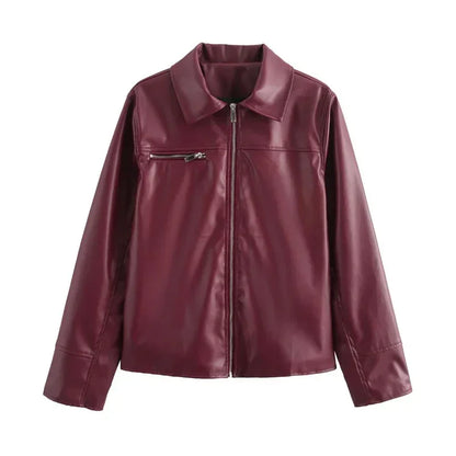 Zekye-Blouson en cuir bordeaux à manches longues pour femme, veste à revers avec fermeture éclair, vêtements de rue, mode printemps été