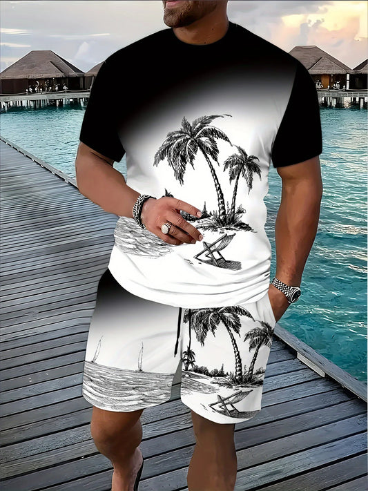Série d'été hommes dégradé cocotier imprimé respirant col rond T-shirt ensemble short et haut extérieur deux pièces ensemble