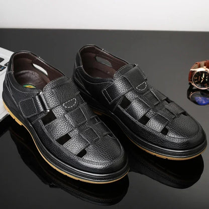 Mocassins ajourés en cuir faits à la main pour hommes, chaussures d'été décontractées, sandales classiques, chaussures plates de marche en plein air, respirantes