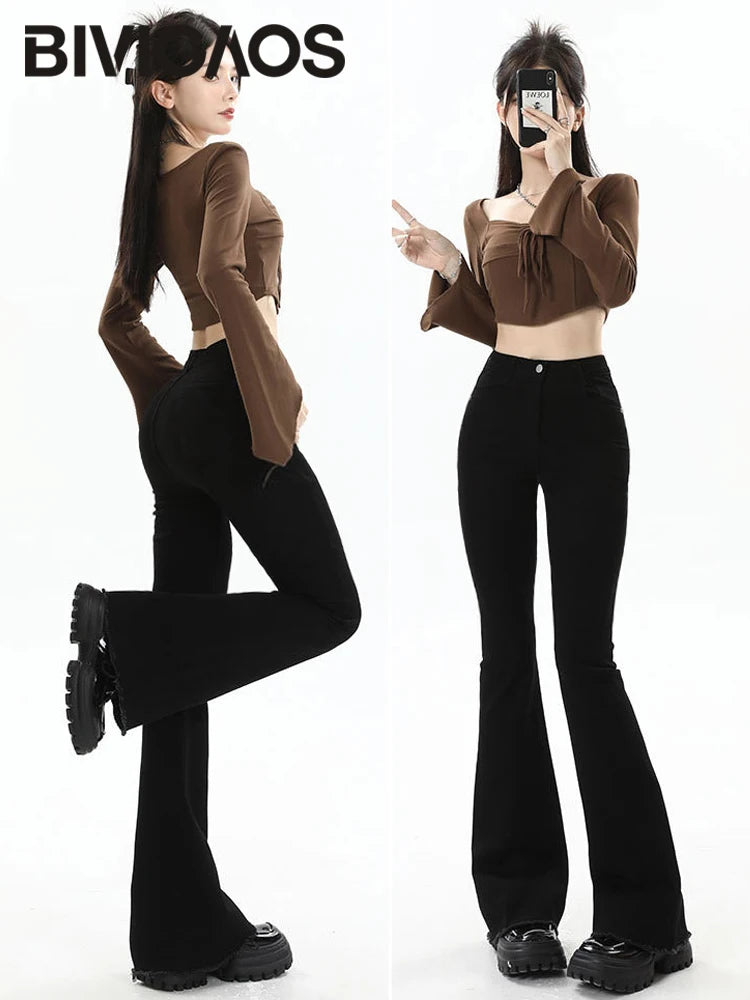 BIVIGAOS 2025 nouveau automne printemps Micro jean évasé femmes taille haute mince serré rétro gland ourlet Stretch Denim fer à cheval pantalon