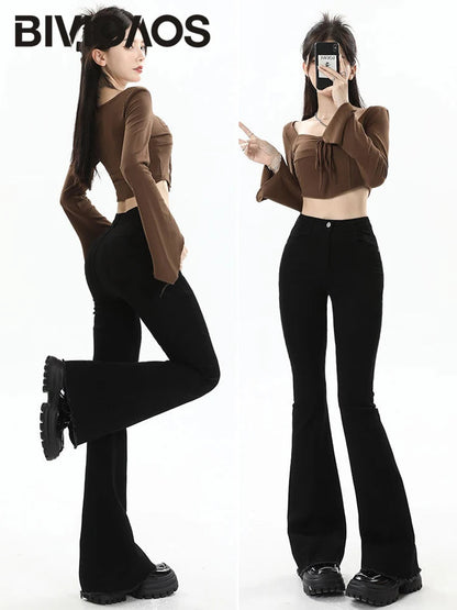 BIVIGAOS 2025 nouveau automne printemps Micro jean évasé femmes taille haute mince serré rétro gland ourlet Stretch Denim fer à cheval pantalon