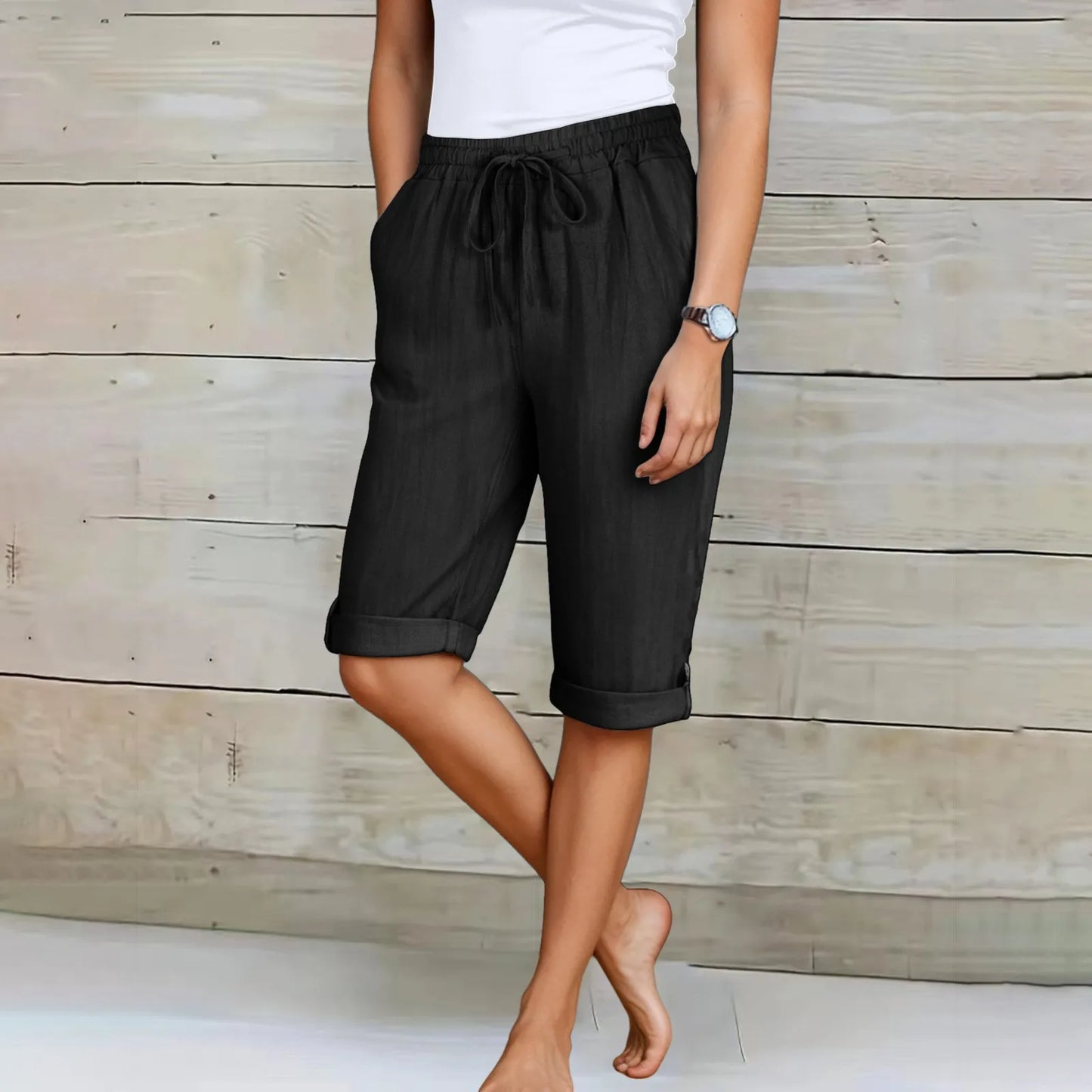 Femmes été Shorts décontracté genou longueur jambe droite taille élastique cordon à lacets pantalons courts femme genou longueur bas