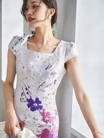 Robe Jacquard mi-mollet pour femme, robe en brocart de luxe, vêtements de soirée éducatifs, mode florale, robe d'été élégante, fête vintage