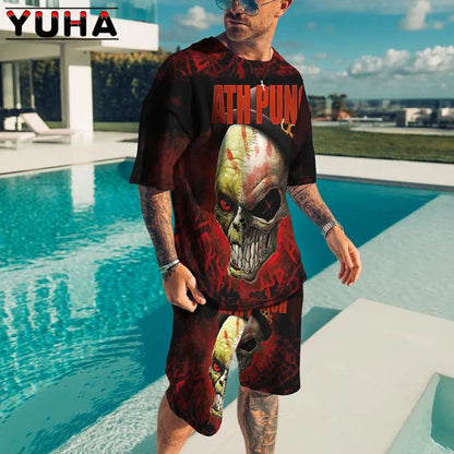 YUHA – ensemble t-shirt manches courtes pour hommes, vêtements d'été pour hommes, impression de squelette Terrible en 3D, Short décontracté, survêtement masculin 2 pièces, nouvelle collection