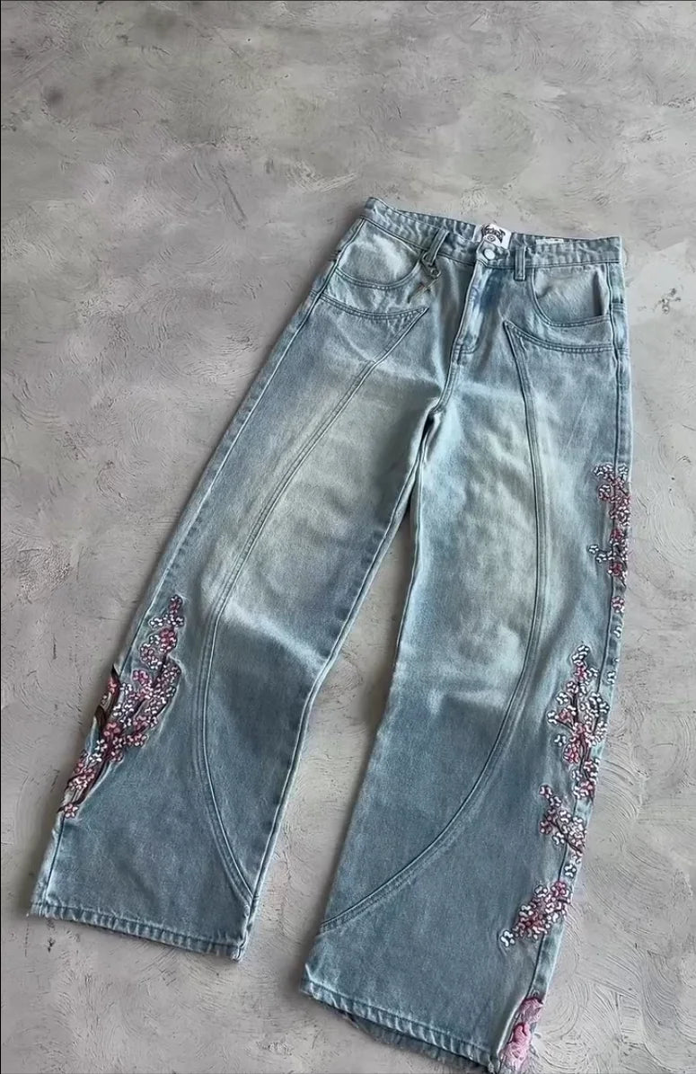 Hommes femmes cerisier fleur chevalier tout broderie Denim pantalon Y2k Vintage Baggy rue jean droit taille haute lavé bleu Jean