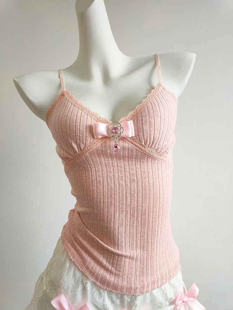 Camis mignon solide haut court femmes été nœud extensible hauts courts pour filles douces Kawaii vêtements
