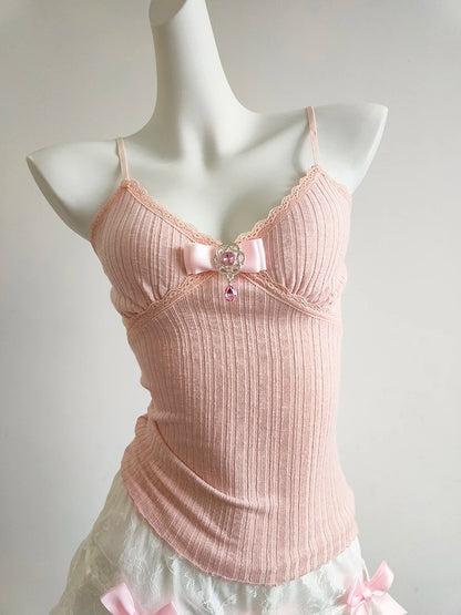 Camis mignon solide haut court femmes été nœud extensible hauts courts pour filles douces Kawaii vêtements