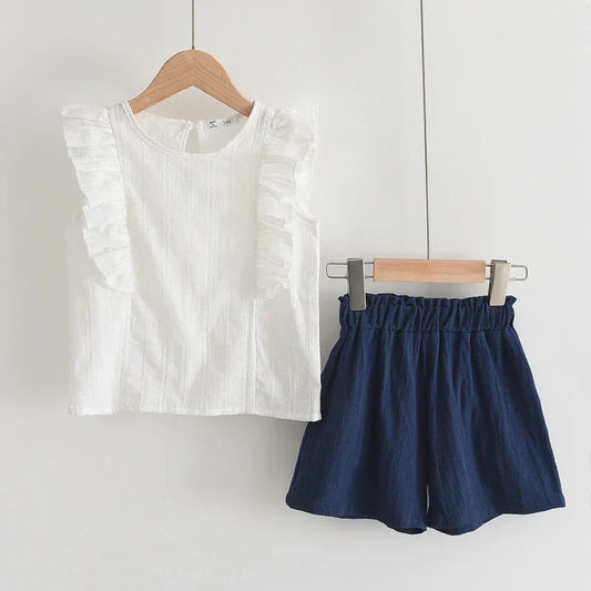 BEAR LEADER-Ensemble d'été décontracté en mousseline de soie pour enfant, t-shirt et pantalon bleus à fleurs, pour fille de 3 à 7 ans, nouvelle collection