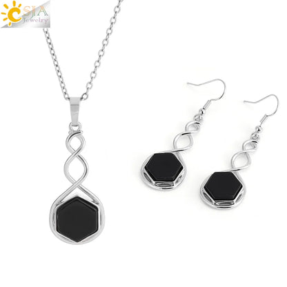 CSAlbaneParure de bijoux en pierre naturelle pour femme, boucles d'oreilles, collier, hexagone, pendentif en cristal, acier inoxydable, accessoires de bijoux, H577