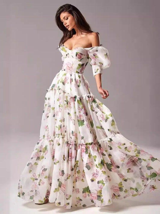 Robe de soirée élégante à imprimé floral pour femmes, charmante robe trapèze, col bateau, manches courtes, robe de Rh, quelle que soit