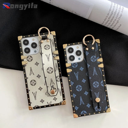 Étui carré en cuir avec dragonne pour iPhone