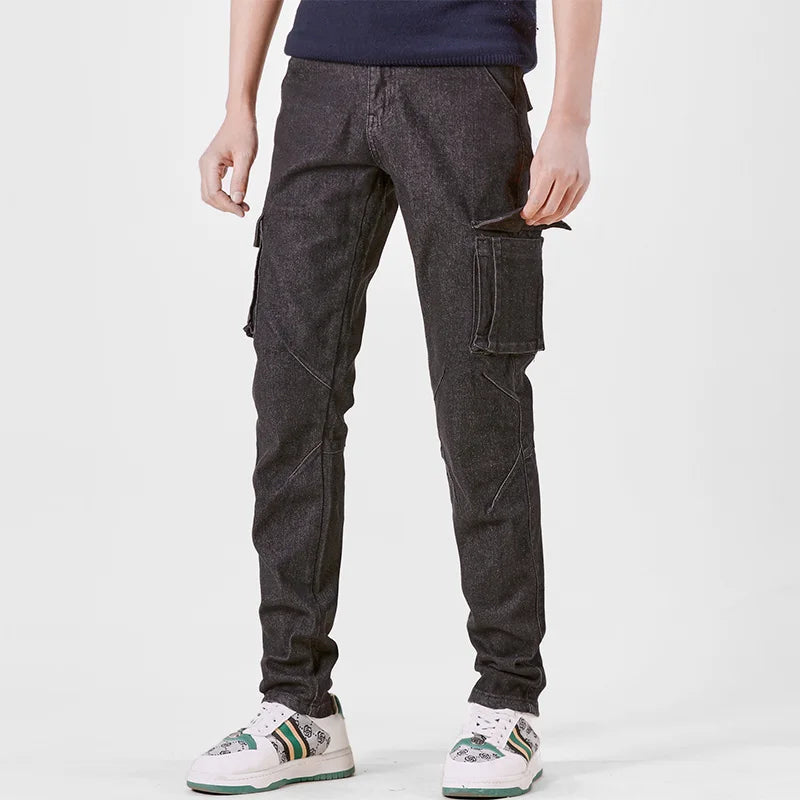 Pantalon cargo en denim pour hommes, taille élastique, couleur unie, délavé, coupe cintrée, décontracté, avec plusieurs poches, pour un usage quotidien