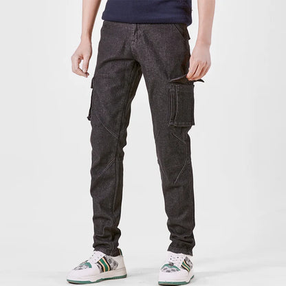 Pantalon cargo en denim pour hommes, taille élastique, couleur unie, délavé, coupe cintrée, décontracté, avec plusieurs poches, pour un usage quotidien