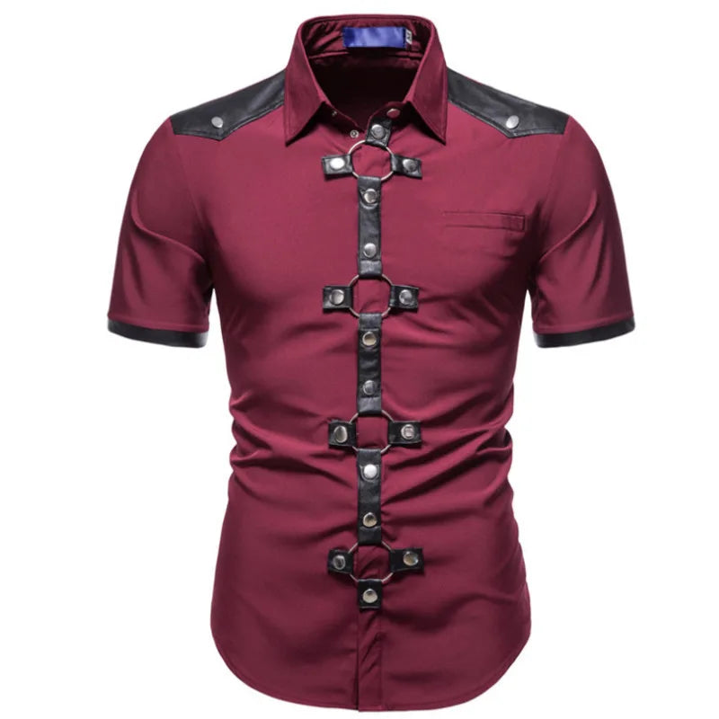 Chemise à Manches Courtes pour Homme, Streetwear, Style Gothique, Slim, Punk, Rivet, Haute Qualité, Printemps Été, Noir, Rouge, #4719
